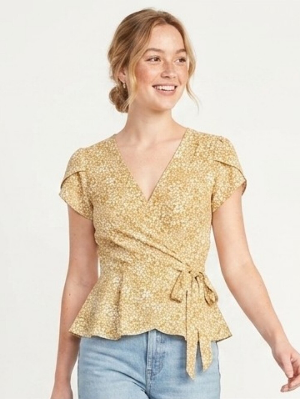 AUW Yellow Floral Wrap Peplum Top